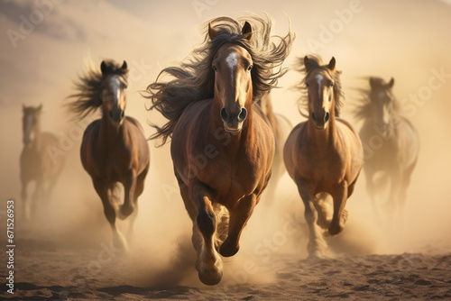 Horses portrait run gallop in desert dust background © Ion