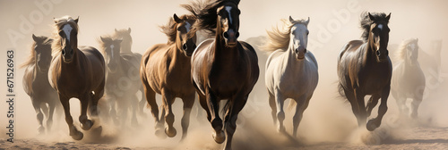 Horses portrait run gallop in desert dust background photo