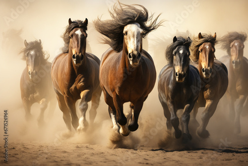Horses portrait run gallop in desert dust background © Ion
