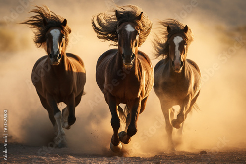 Horses portrait run gallop in desert dust background