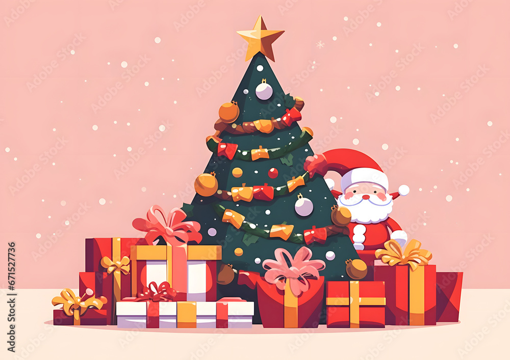 Fototapeta premium Christmas background, vector and illustration style. Retro Xmas decoration with tree, Santa Claus when winter.