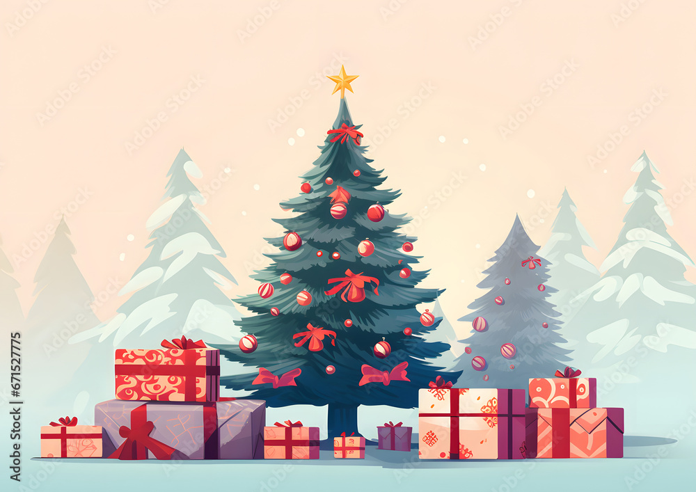 Fototapeta premium Christmas background, vector and illustration style. Retro Xmas decoration with tree, Santa Claus when winter.