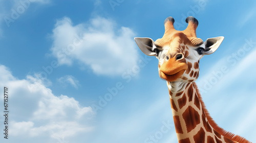 Giraffe head against blue sky.