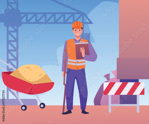Man builder in uniform with helmet and vest stands with crutch