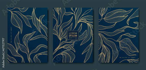 Vector art deco, luxury golden floral covers. Line japanese style leaves and flowers, nature texture patterns, cover, flyer templates. Elegant wavy vintage brochures