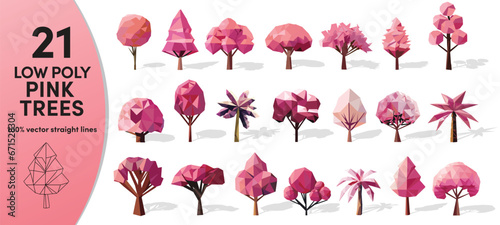 Set of Low Poly pink trees. Geometric polygonal style collection. 100% Vector 3d with shadow