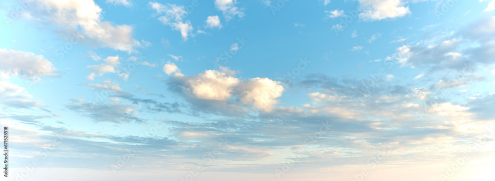 Bright sky on cloudy morning with soft clouds, calm sunrise with copy space. Fresh air on a soothing day, details of cloud shapes and patterns at sunset. Beautiful harmony in nature on zen afternoon - obrazy, fototapety, plakaty 
