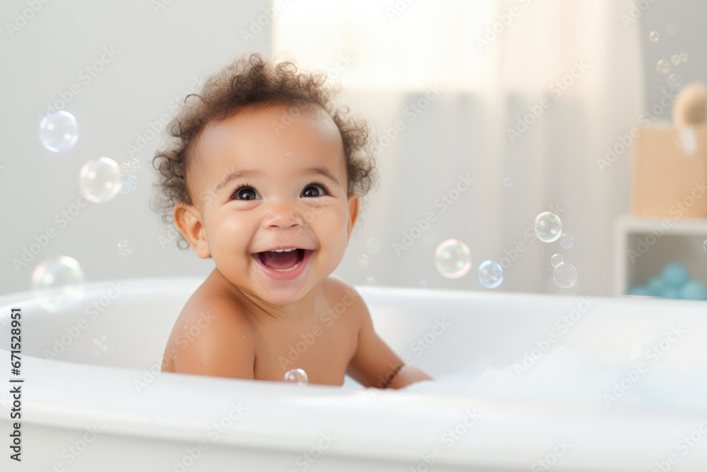 Happy laughing baby taking a bath playing with foam bubbles. Little child in a bathtub. Hygiene and care for young children. Happy laughing baby taking a bath playing with foam bubbles. Little child in a bathtub. Hygiene and care for young children.