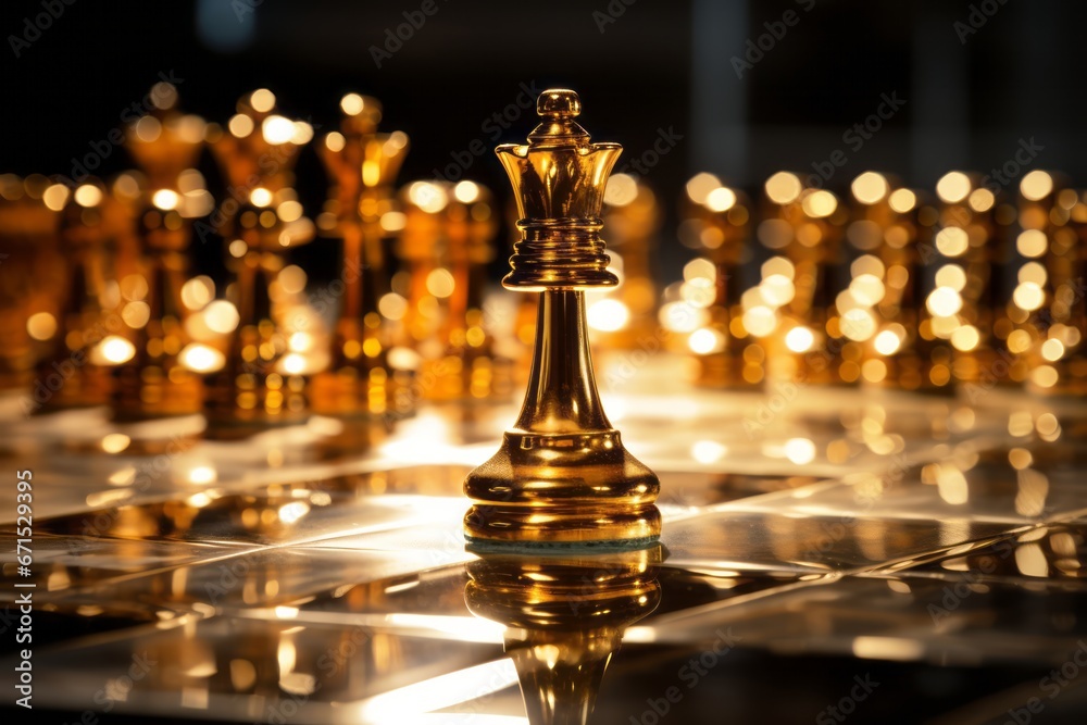 Strategic mastery and authority embodied in the golden king dominating the chessboard.