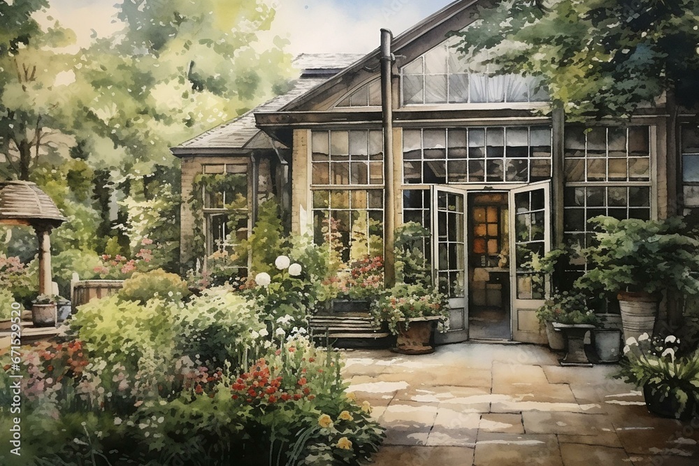 watercolor painting of Cambridge Garden Museum. Generative AI