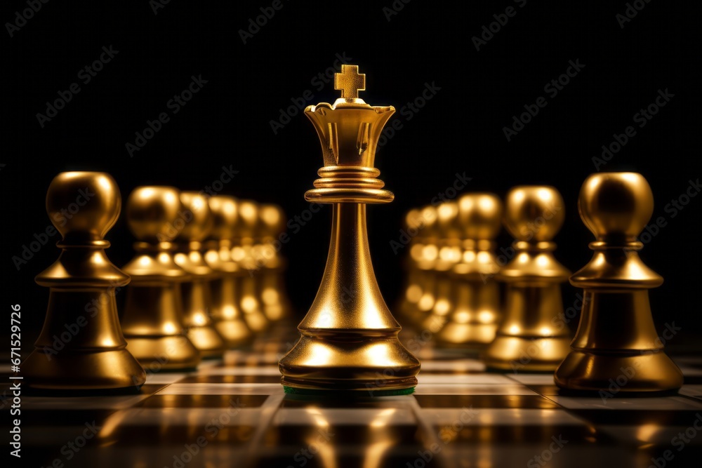 Strategic mastery and authority embodied in the golden king dominating the chessboard.