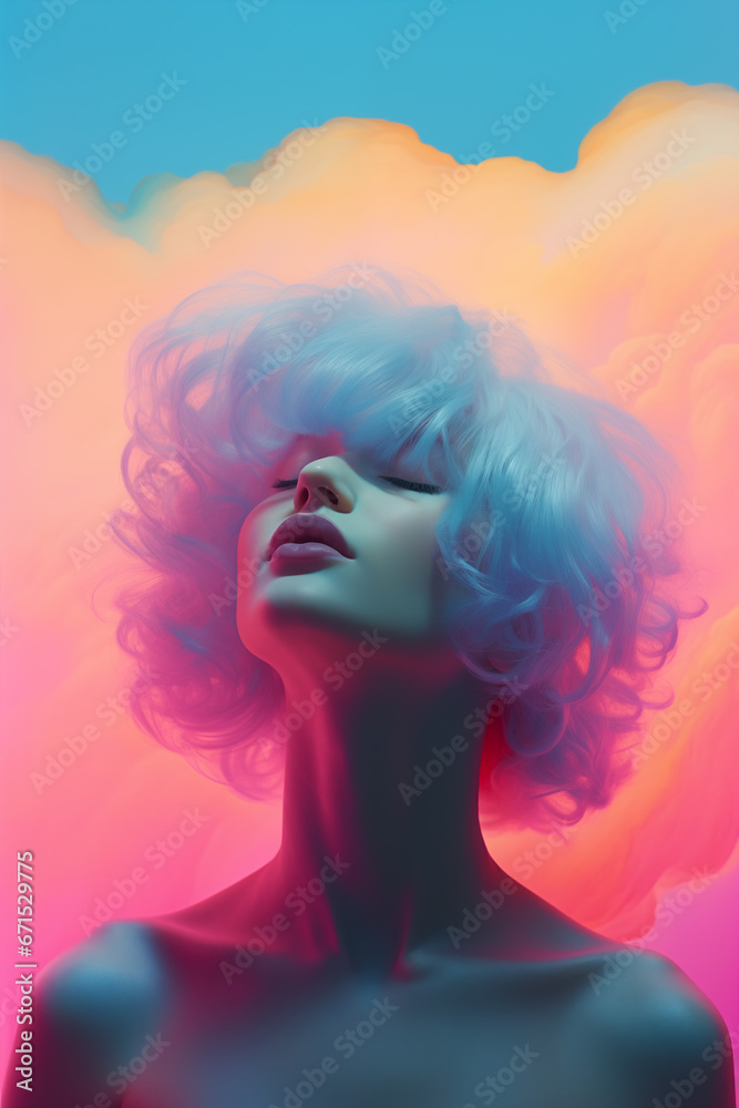 ethereal woman with eyes closed, in pink, blue, orange, purple pastel tones and clouds