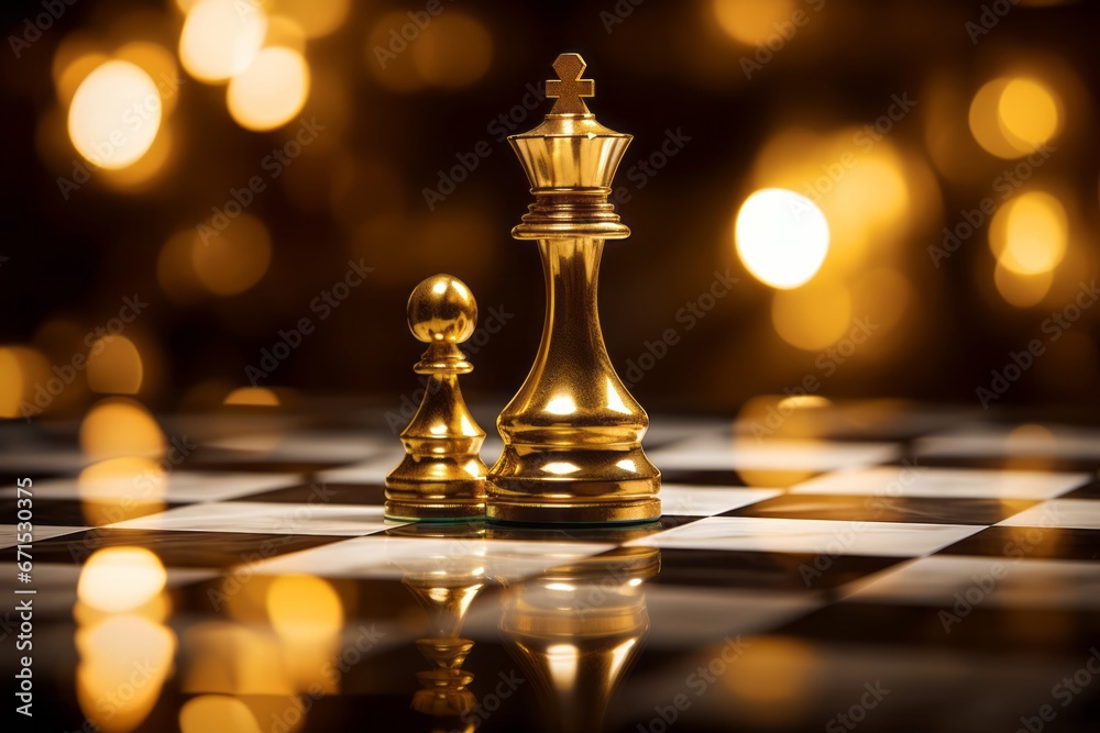 Strategic mastery and authority embodied in the golden king dominating the chessboard.
