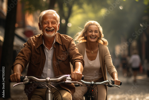 Joyful senior couple, deeply in love, as they embark on a bike ride together. The scene radiates happiness, health, and the beauty of their shared journey. Ai generated