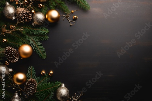 a luxury christmas border with christmas brance  pine tree leaf  little lamps decoration  premium silky metal background for flat lay  generative ai