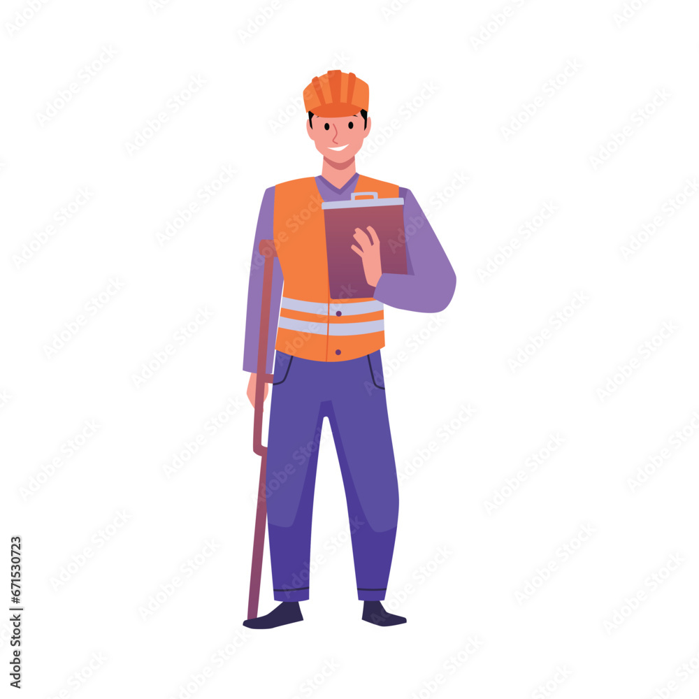 Disabled worker with crutch, cartoon foreman in orange helmet and vest, injured builder character vector illustration