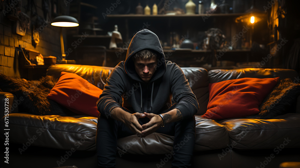 Depression, tired and frustration, sad young teen sitting on a couche, wearing a hoodie, Concept of mental health. - obrazy, fototapety, plakaty 