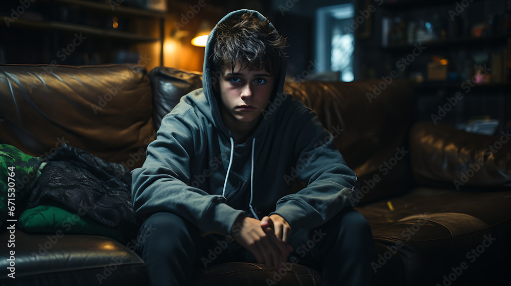 Fototapeta premium Depression, tired and frustration, sad young teen sitting on a couche, wearing a hoodie, Concept of mental health.