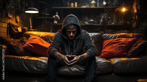 Depression, tired and frustration, sad young teen sitting on a couche, wearing a hoodie, Concept of mental health.