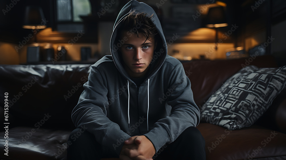 Depression, tired and frustration, sad young teen sitting on a couche, wearing a hoodie, Concept of mental health. Depression, tired and frustration, sad young teen sitting on a couche, wearing a hoodie, Concept of mental health.
