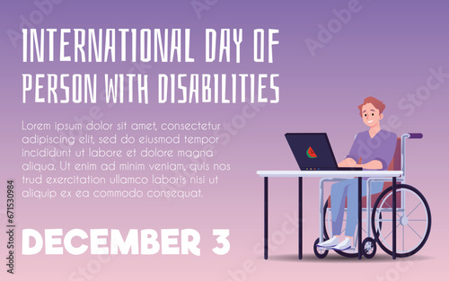 International day of person with disabilities vector poster, disabled man in wheelchair working at laptop, handicapped