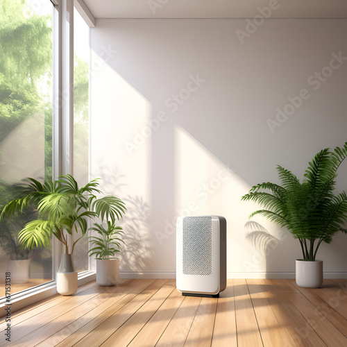 Modern White Air Purifier and Dehumidifier in Bedroom with Beige Brown Wall, Gray Bed Cover, Tropical Palm Tree, and Wood Parquet Floor - Health Technology 3D Background, Generative AI