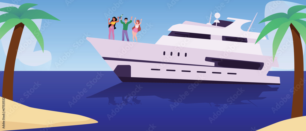 People rest on a yacht, tropical landscape, flat vector illustration