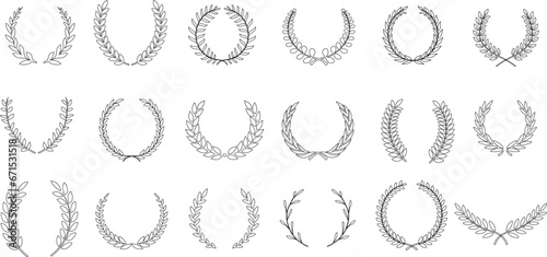 Wreath Vector Set, Ideal for logo creation, badges, awards. Symbolizes victory, honor, achievement. Classical, antique style inspired by ancient Rome, Greece. Elegant, regal, majestic.