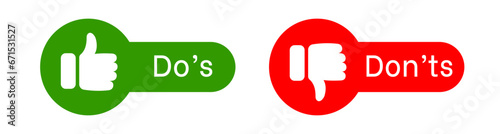 Do's and don'ts icons. Thumb up and thumb down. Like and dislike buttons. Positive and negative opinion. Red and green banner