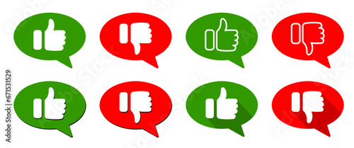 Thumb up and thumb down. Like and dislike buttons. Positive and negative opinion. Red and green speech bubbles. Do's and don'ts icons