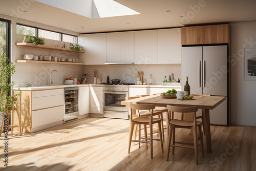 Modern kitchen design  featuring a spacious  open layout with a dedicated area for dining. Ai generated