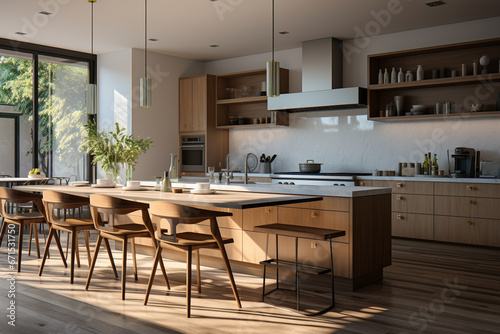 Modern kitchen design, featuring a spacious, open layout with a dedicated area for dining. Ai generated