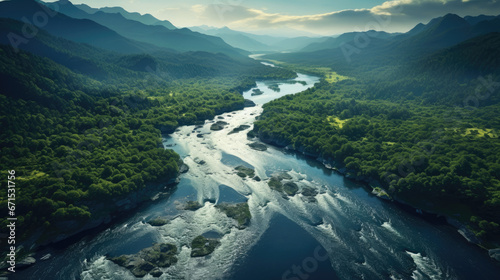 an aerial shot of a river in the wilderness
