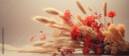 Sepia toned postcard captures the concept of delicate celebration with a wheat ear bouquet and vibrant blooming physalis photo