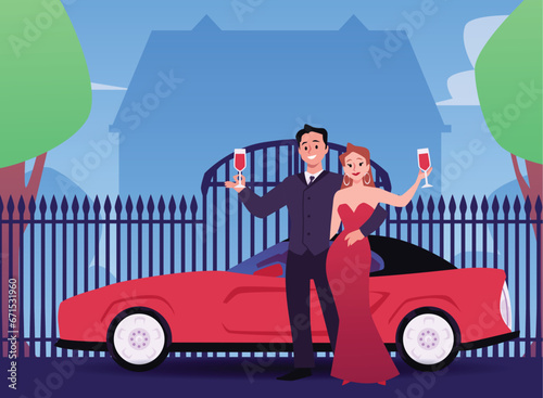Successful rich couple in front of luxurious car, vector illustration isolated.