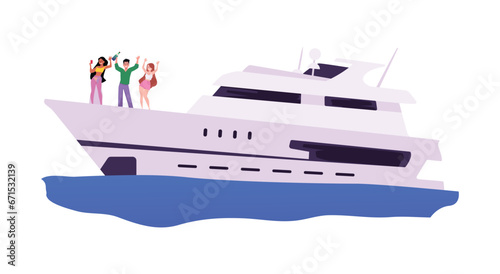 Rich people relaxing on cruise yacht at ocean vector illustration, man and women dancing drinking cocktails, luxury life