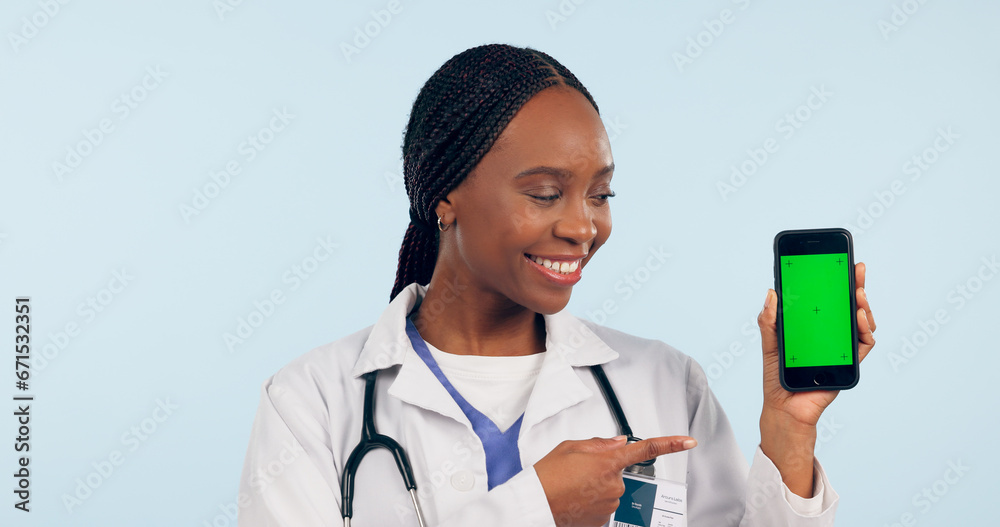 Green screen, doctor pointing and black woman with phone for telehealth, wellness app and medical news. Healthcare, mockup and person on smartphone for clinic website, promotion and contact in studio Green screen, doctor pointing and black woman with phone for telehealth, wellness app and medical news. Healthcare, mockup and person on smartphone for clinic website, promotion and contact in studio