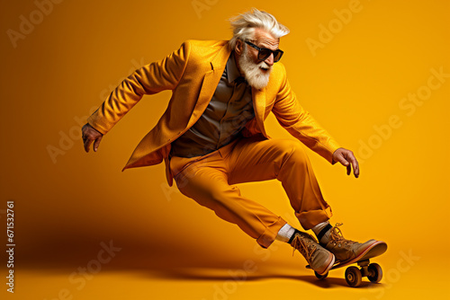 Senior man confidently skateboarding on a bright yellow background while dressed in a matching yellow outfit. Ai generated