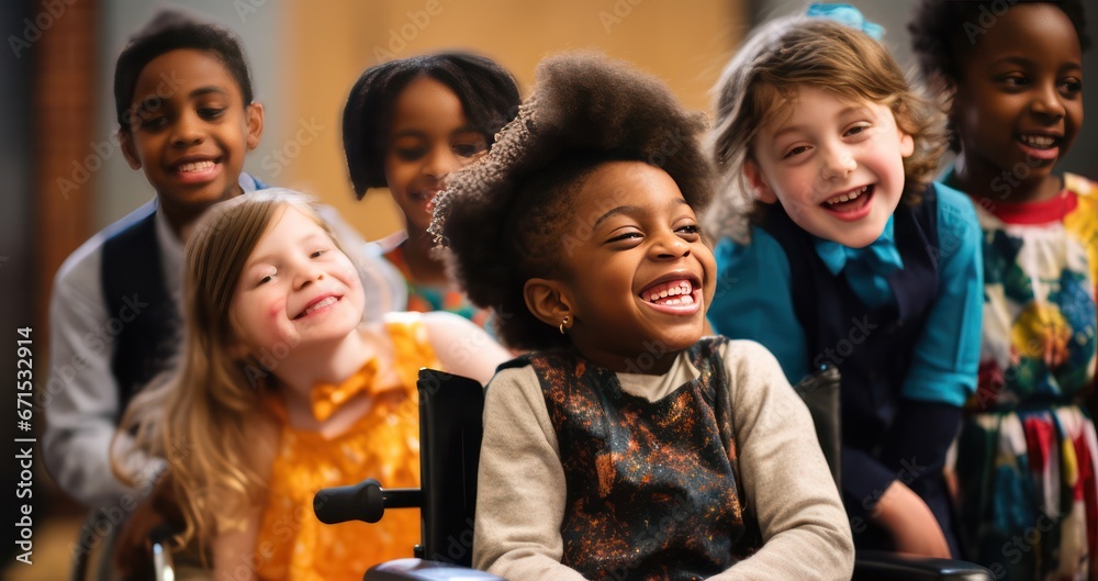 diverse kids smiling and doing activities at class, drama class. Inclusive education banner, candid moment.
 - obrazy, fototapety, plakaty 