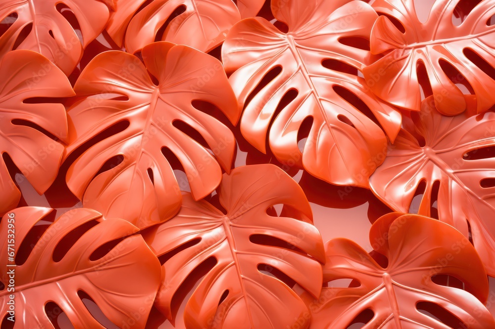 Obraz premium orange glossy plastic or ceramic monstera leaves decoration closeup