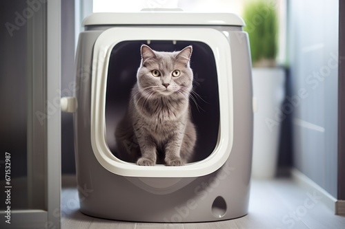 gray cat using innovative automatic kitten toilet at minimal home © Dina