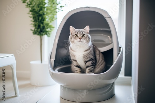 cat using innovative automatic kitten toilet at futurist minimal home photo