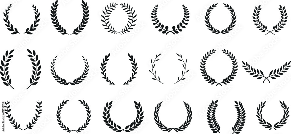 Fototapeta premium Laurel Wreath Vector illustration, .Elegant Set isolated on white. Perfect for logos, badges, labels. Various styles: traditional, classical, antique. Ideal for emblem, award, victory, honor, triumph