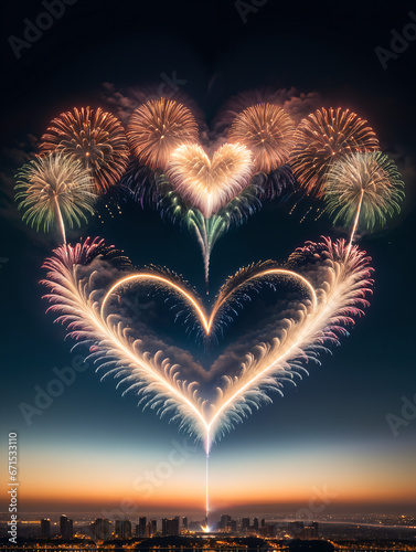 New Year Fireworks in the shape of a heart, Heart-shaped New Year Fireworks, Heartfire New Year Celebration photo