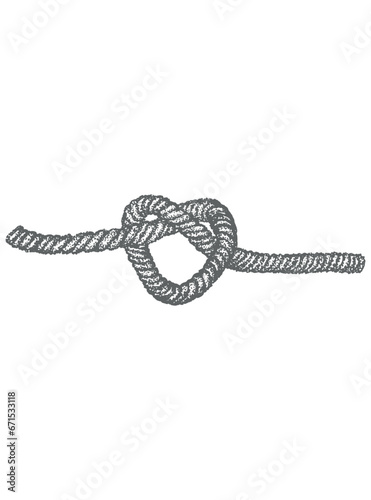 Rope, cord, thread, heart shaped knot, grunge, sea, dotwork style sketch, black and white vector illustration, isolated, tattoo sticker, print