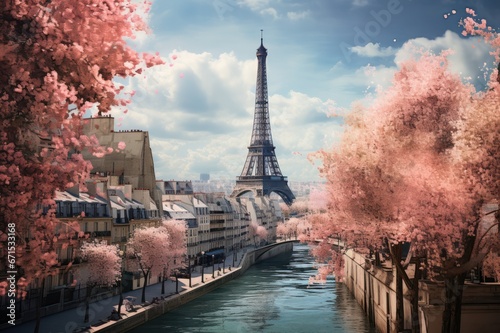 Eiffel Tower in Paris in spring pink sakura trees in bloom