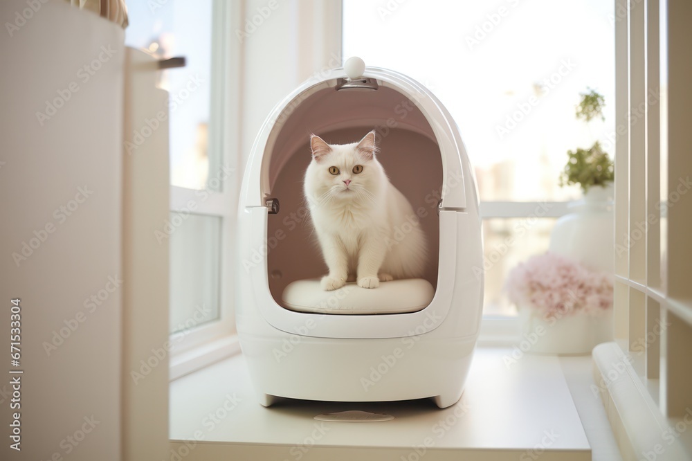 white cat using innovative automatic kitten toilet at minimal home