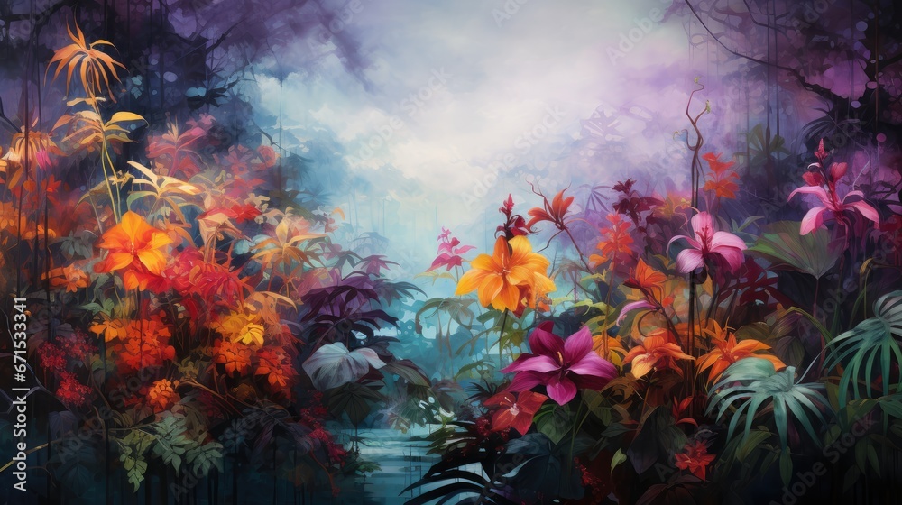  a painting of a forest filled with lots of different types of flowers and plants on a blue, purple, and pink background.  generative ai