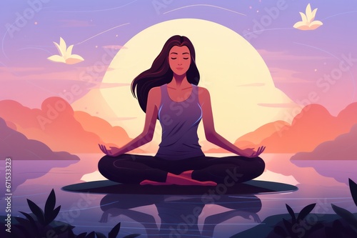 young woman meditating in lotus pose at sunrise flat colorful illustration. Yoga, meditation, mindfulness practice studio class banner.