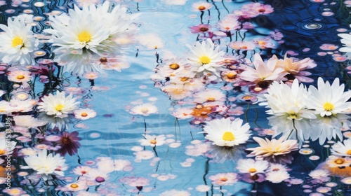  a bunch of water lilies floating on top of a body of water next to a bunch of other water lilies. generative ai